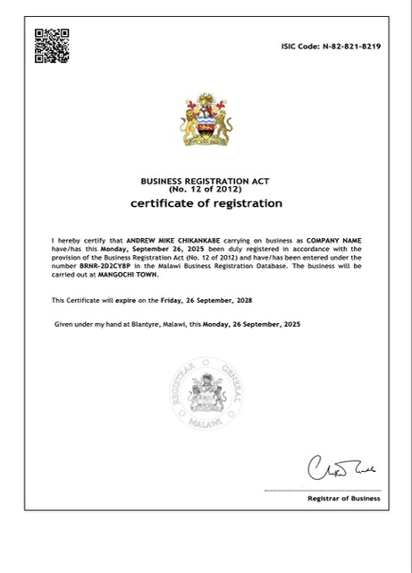 Malawi certificate of registration Word and PDF template
